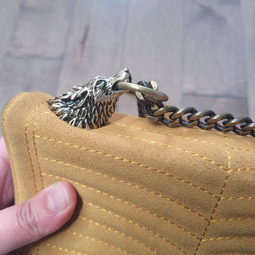 Zara yellow faux suede purse with wolf head strap